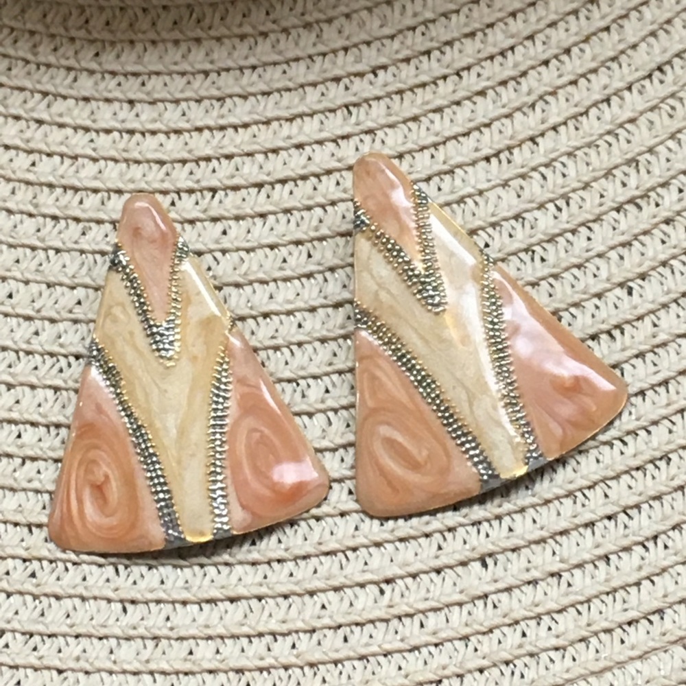 Peach and Yellow Colored Enamel Triangle Earrings